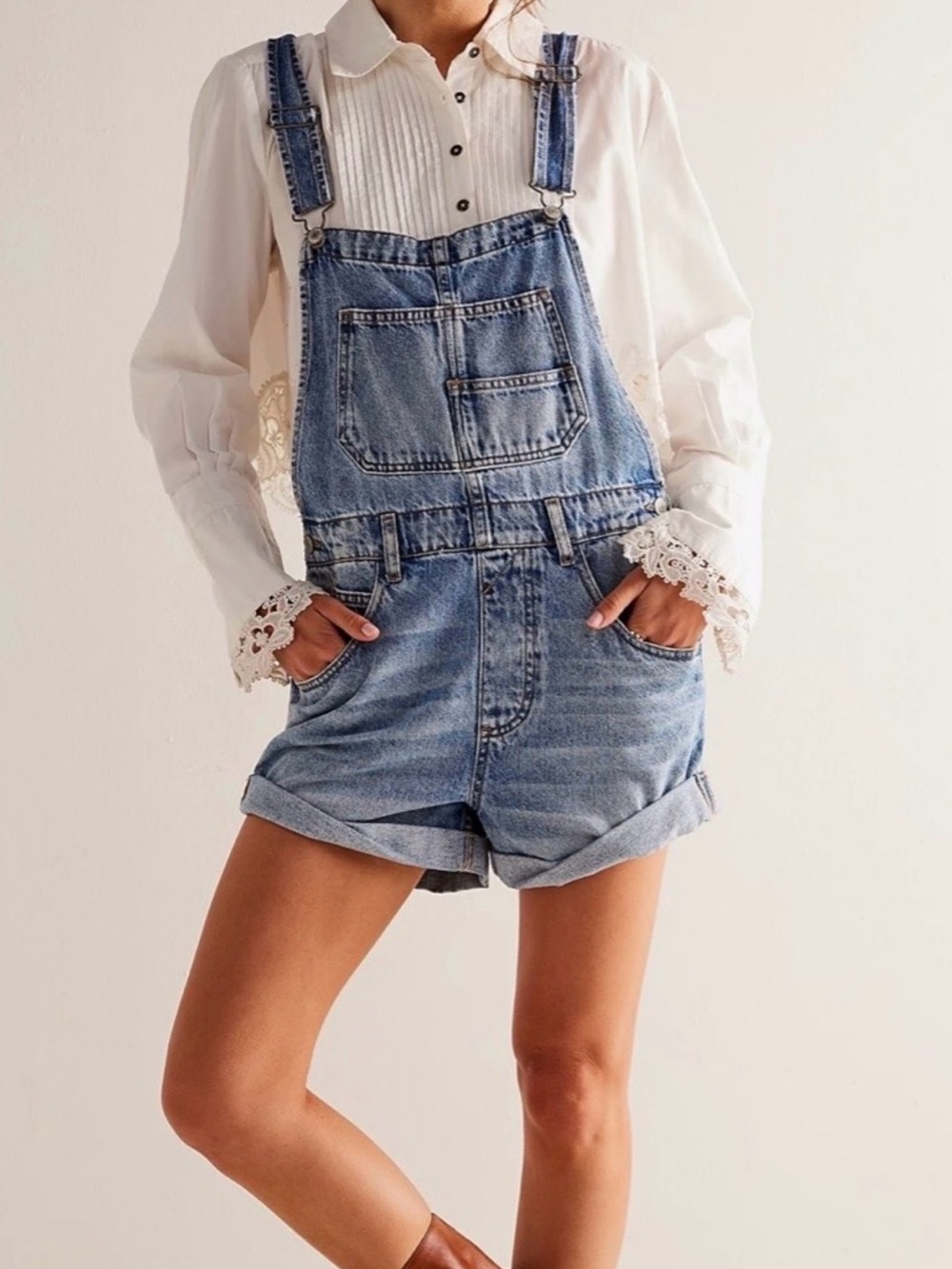 We The Free Light Blue Denim Short Overalls